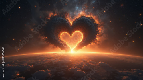 A Celestial Event Where Two Planets Align to Form a Heart Shape Viewed from a Mythical World photo