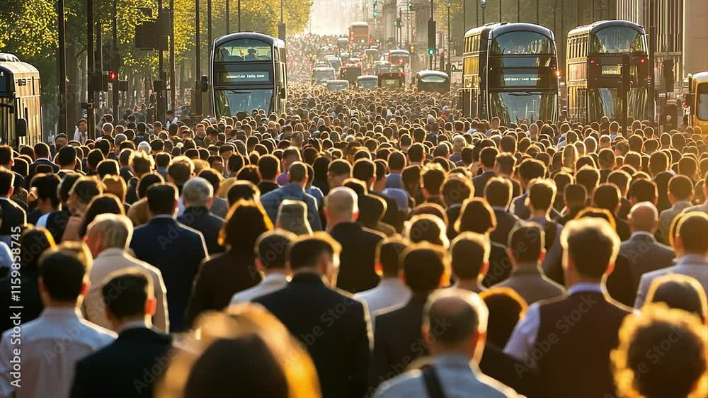 Dense crowds of people walking towards buses at a London bus station in slow motion.