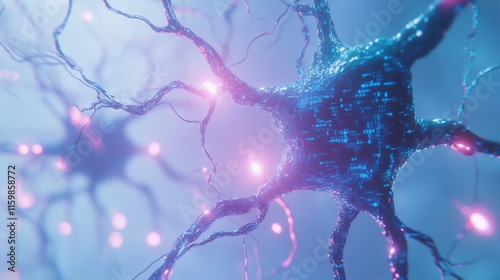 Explore neural network complexities in this captivating image of neurons, highlighting synapse connections and brain function visualization. photo