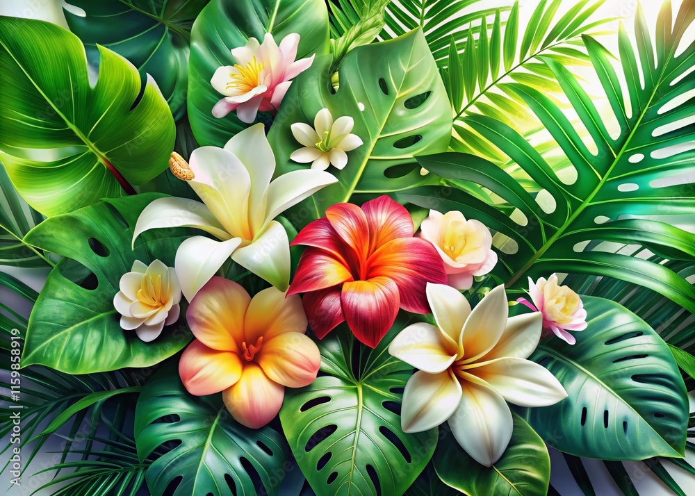 Obraz premium Hawaiian Flowers & Monstera Double Exposure