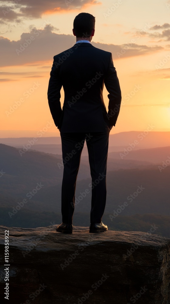 Businessperson Standing at Sunset Overlooking Landscape Businessperson Standing at Sunset Overlooking Landscape