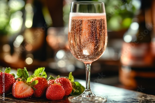 Sparkling ros? wine in glass with fresh strawberries. photo