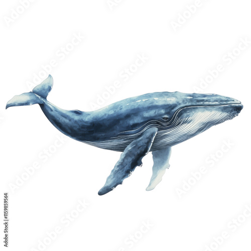 Gentle watercolor blue whale with flowing shapes and serene oceanic hues, isolated in PNG transparent background photo