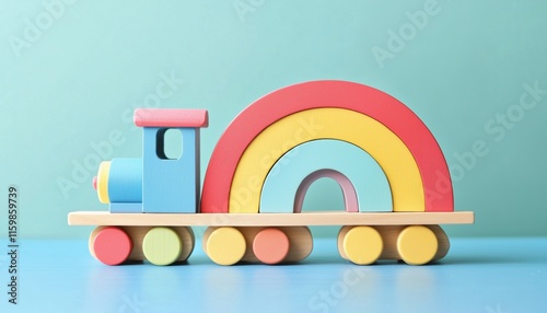 Educational Wooden Toy Train Railway For Preschool Kids With Wood Rainbow And Paper Crafts On Blue Table At Waldorf Or Montessori School. photo