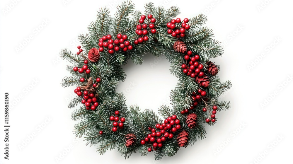 Festive Christmas wreath with red berries and pine cones on white. Festive Christmas wreath with red berries and pine cones on white.