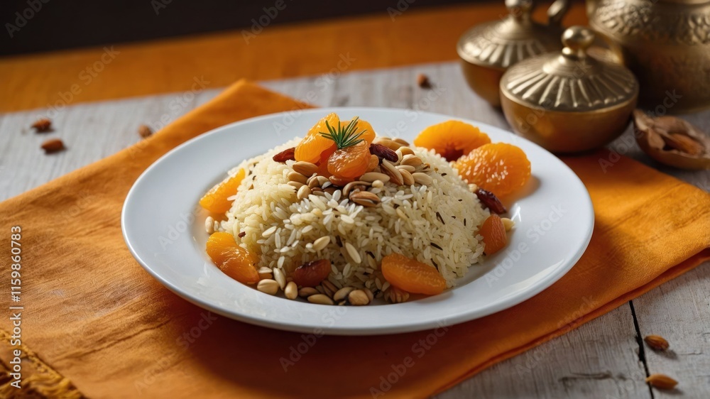 A plate of rice garnished with nuts and fruits, served on a vibrant cloth. A plate of rice garnished with nuts and fruits, served on a vibrant cloth.