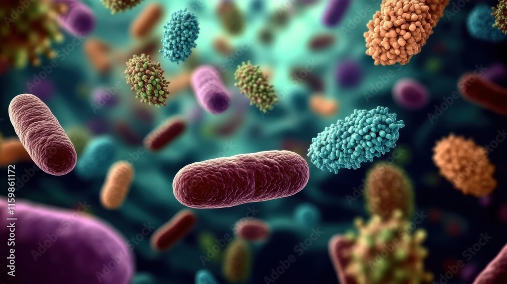 Close-up of vibrant gut bacteria colonies under microscope showcasing intricate details of microbial life for scientific research and educational purposes. Close-up of vibrant gut bacteria colonies under microscope showcasing intricate details of microbial life for scientific research and educational purposes.
