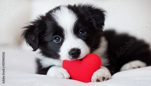 Adorable Border Collie Puppy With Red Heart On Nose Celebrating Valentine'S Day With A Funny Portrait On White Background. Lovely Dog In Love. photo
