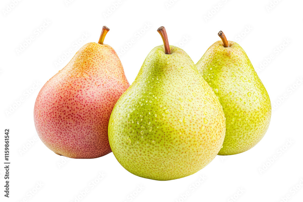Three green and red pears are sitting on a white background Three green and red pears are sitting on a white background