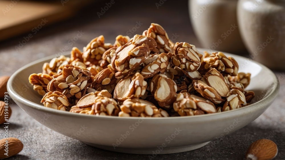 A bowl of nut clusters made with almonds and sesame, perfect for snacking. A bowl of nut clusters made with almonds and sesame, perfect for snacking.