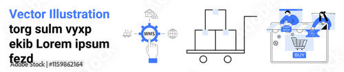 Hand interacting with Warehouse Management System gear, packages on cart, team working on computer, shopping cart. Ideal for logistics, supply chain, inventory management, e-commerce, technology