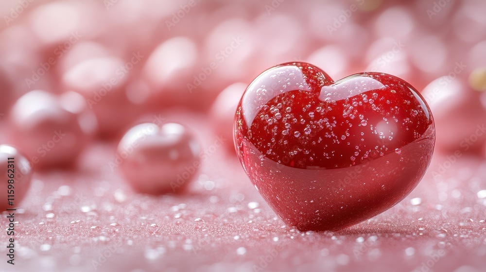 Red heart on pink glitter background with smaller hearts. Red heart on pink glitter background with smaller hearts.