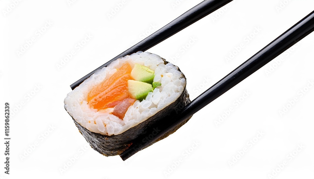 Piece of sushi with avocado and salmon on top