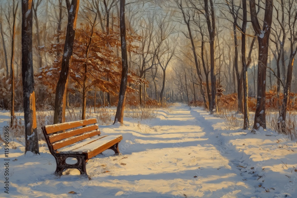 Snowy park pathway with wooden bench during winter sunset Snowy park pathway with wooden bench during winter sunset