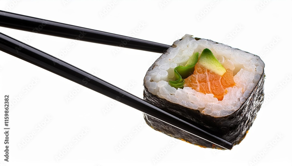 Piece of sushi with avocado and salmon on top Piece of sushi with avocado and salmon on top