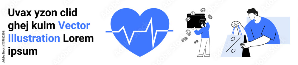 Heart with ECG line, person holding a bag of money, and man carrying shopping bags. Ideal for health, finance, shopping, sales, customer behavior economics and lifestyle content. Landing page Heart with ECG line, person holding a bag of money, and man carrying shopping bags. Ideal for health, finance, shopping, sales, customer behavior economics and lifestyle content. Landing page