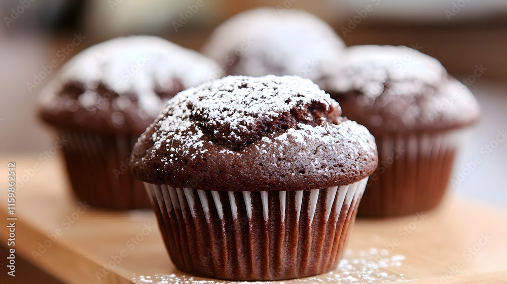 Chocolate muffins with powdered sugar on wooden background. Chocolate muffins with powdered sugar on wooden background.