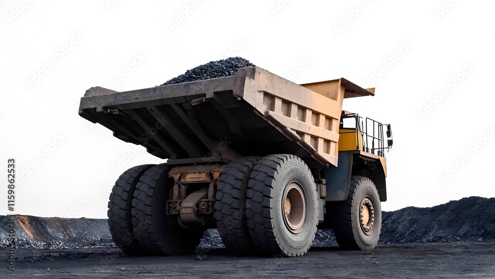 Obraz premium Heavy big trucks transporting coal mining site industrial equipment open-pit environment rear view heavy machinery concept