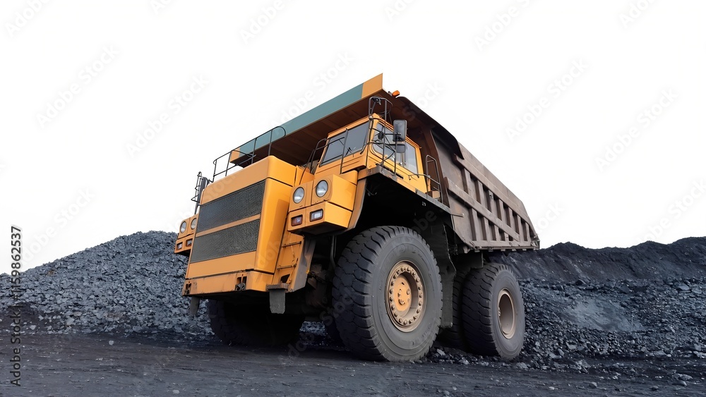 Heavy big trucks transporting coal at mining site industrial environment low angle view machinery concept for efficient operations Heavy big trucks transporting coal at mining site industrial environment low angle view machinery concept for efficient operations