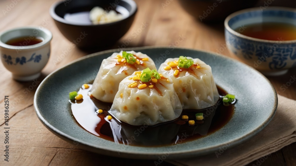 A plate of dumplings garnished with green onions and served with sauce. A plate of dumplings garnished with green onions and served with sauce.