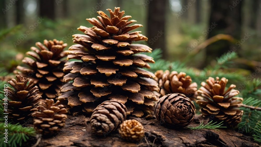 A collection of pine cones arranged on a log in a forest setting. A collection of pine cones arranged on a log in a forest setting.