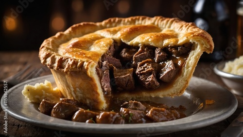 A hearty meat pie with tender beef chunks and gravy, served with mashed potatoes.
