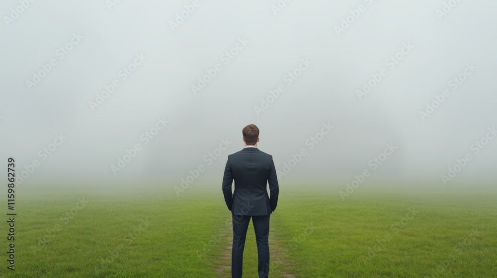 Businessman Standing at Foggy Fork in the Road Contemplating Career Choices and Future Opportunities Businessman Standing at Foggy Fork in the Road Contemplating Career Choices and Future Opportunities