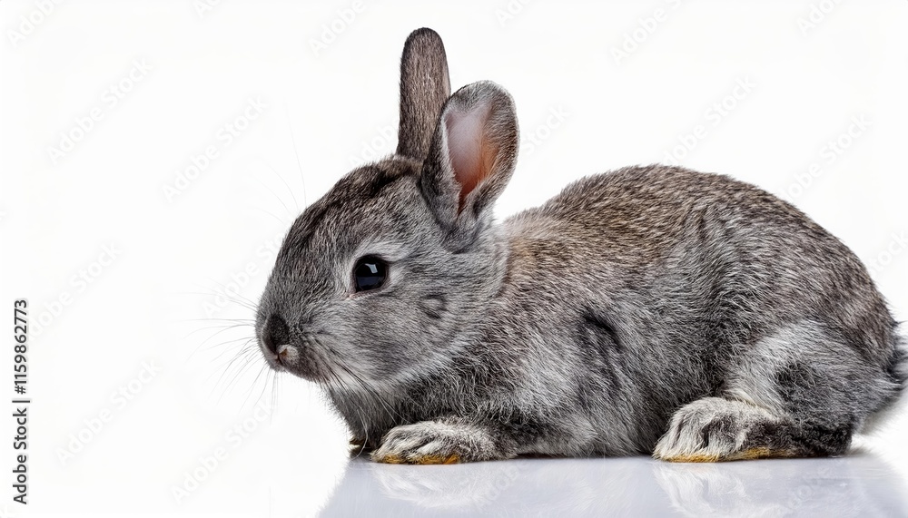 Obraz premium Gray rabbit is laying on a white background