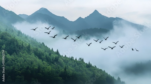 Flock of Birds Flying in Misty Mountain Air photo