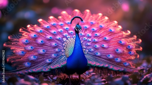 Majestic Peacock Displays Vibrant Plumage In Sunset Glow