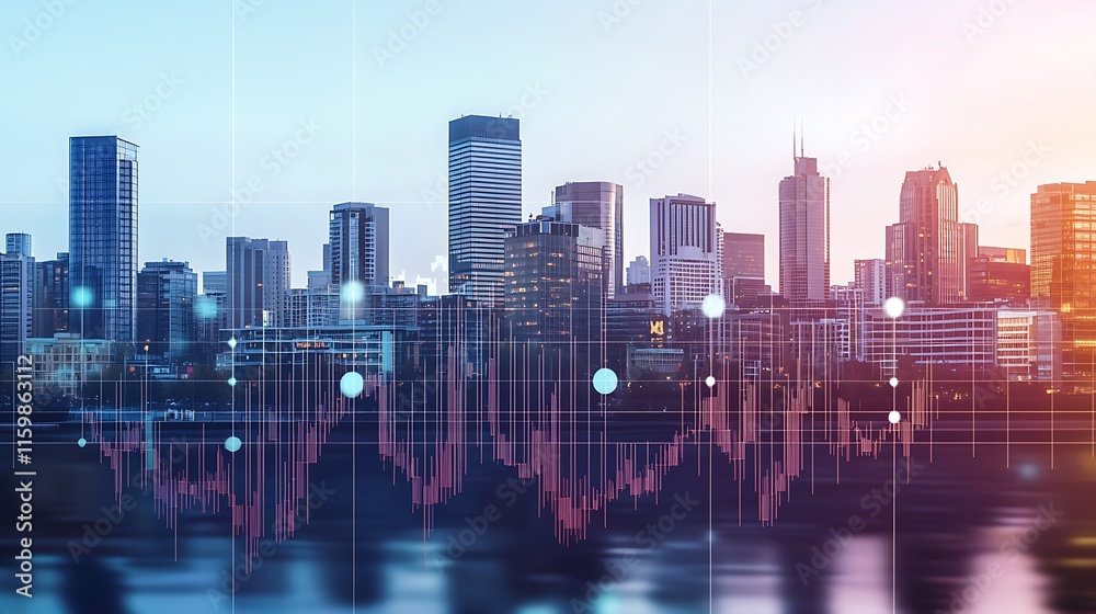 Fototapeta premium Urban Skyline with Financial Data Overlay