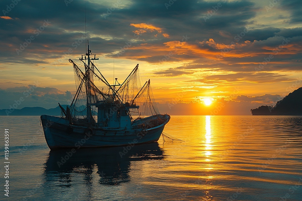 Fishing boat at sunset, tranquil ocean scene. Fishing boat at sunset, tranquil ocean scene.