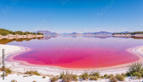 Aerial view of the vibrant pink Las Coloradas lakes.  Clear blue sky reflecting on the water. Peaceful and breathtaking natural landscape.