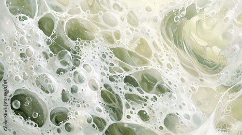 Textured seafoam close-up, intricate white bubbles and soft green water ripples, detailed and serene. Seafoam. Illustration