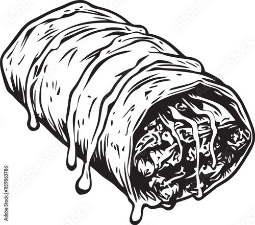 black and white illustration of enchilada mexican food