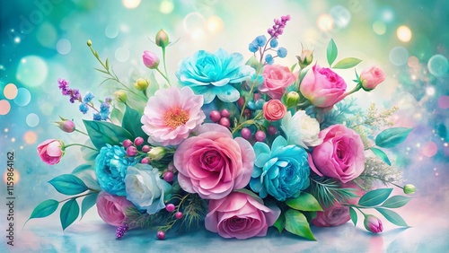 Long Exposure Watercolor Floral Arrangement Pink Turquoise Blue Green