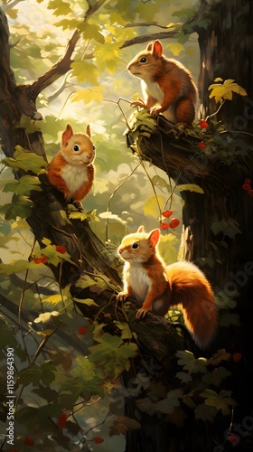 Nature's Joy: Family of Squirrels Frolicking Among Tree Branches Beneath a Sunlit Canopy