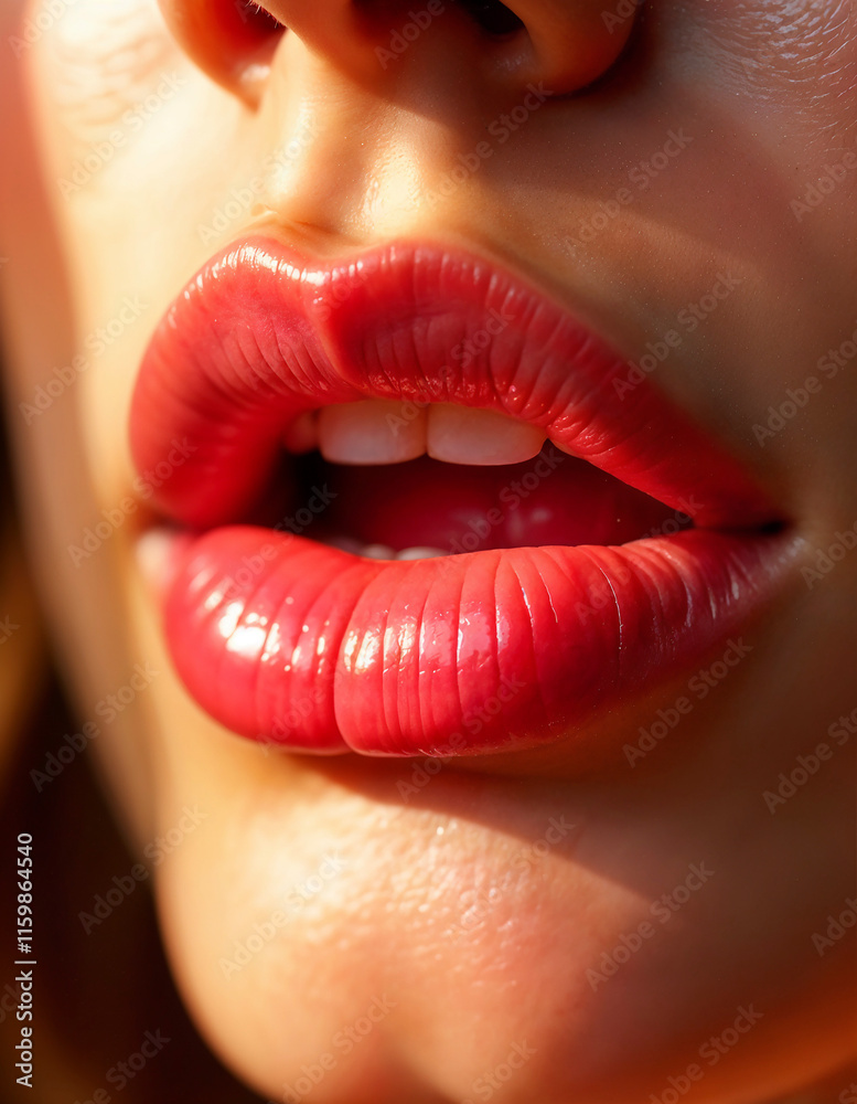 Fototapeta premium close up lips of woman. beautiful lips with pink lipstick. Macro shot. Fashion sensual lips with make up. AI Generated