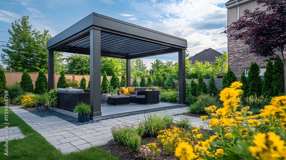 Obraz premium Contemporary outdoor space featuring aluminum gray pergola, styled with modern patio furniture and landscaped garden including yellow flowers, evergreens, and stepping stone pathway.