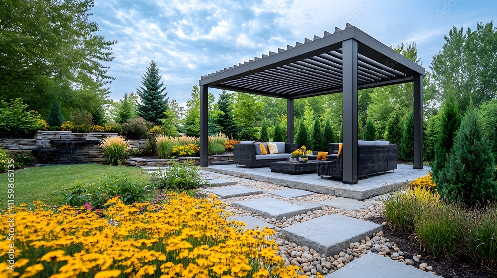 Obraz premium Contemporary outdoor space featuring aluminum gray pergola, styled with modern patio furniture and landscaped garden including yellow flowers, evergreens, and stepping stone pathway.