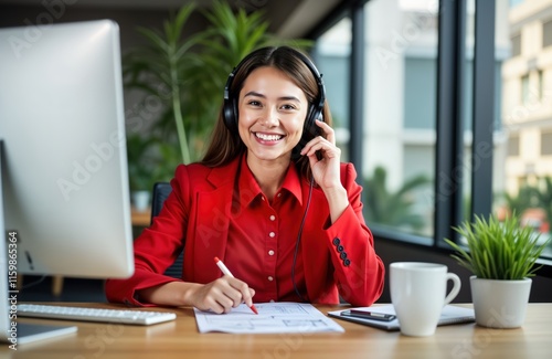 Young woman in red blazer, shirt wearing headphones with microphone sits at desk in modern office. Happily looks at camera, takes notes on documents in front of. Bright, light office space with photo