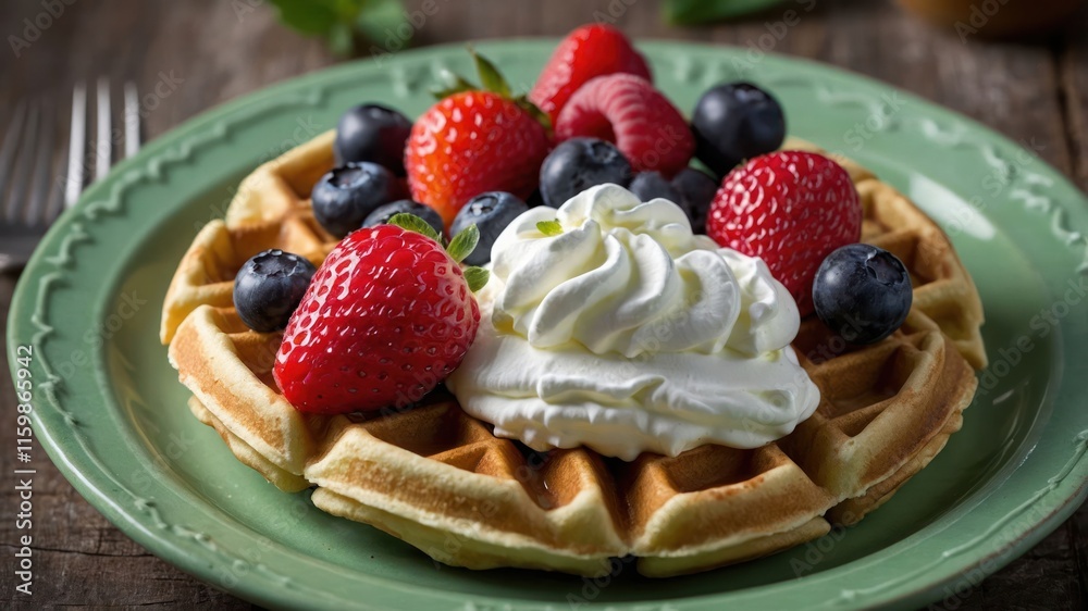 A delicious waffle topped with whipped cream and fresh berries on a green plate. A delicious waffle topped with whipped cream and fresh berries on a green plate.