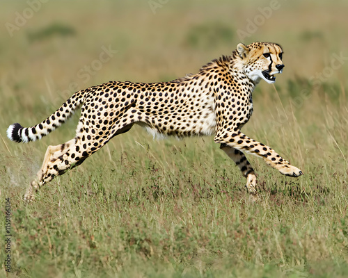 A cheetah in full stride across the African savanna, showcasing its speed and grace.  Its spotted coat blends with the tall grass. photo