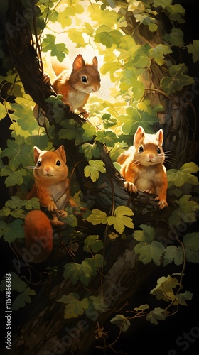 squirrels, family, playful, climbing, tree, branches, sunlight, canopy, forest, nature, wildlife, playful-animals, adventure, outdoor, trees, frolicking, woodland, vibrant, cute, mammals, ecology, hab photo