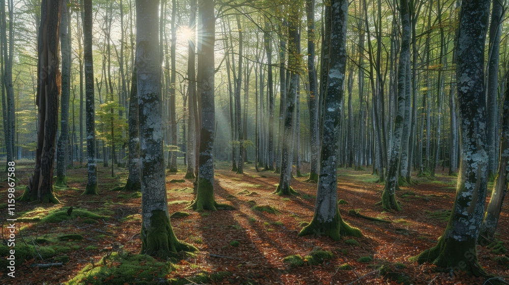 Obraz premium Sunlight streams through a beech forest, casting long shadows on the mossy forest floor.