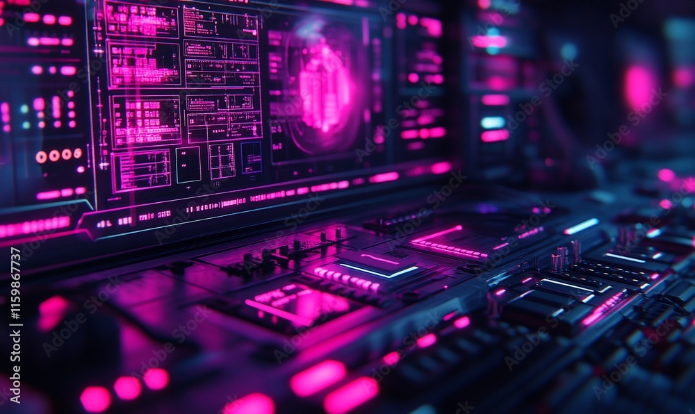 Futuristic tech control panel with vibrant pink interface displays data and system information. Futuristic tech control panel with vibrant pink interface displays data and system information.