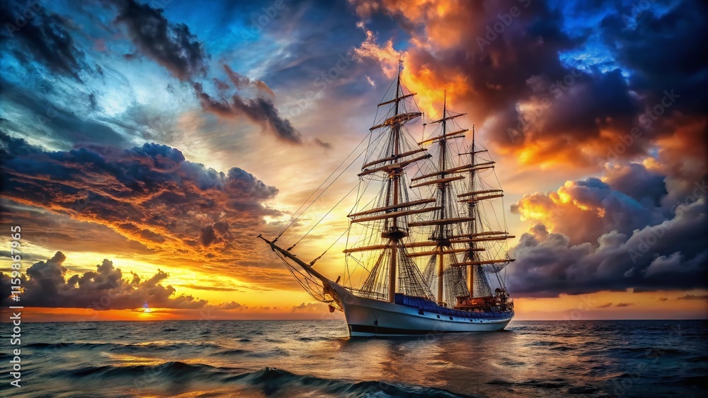 Obraz premium Majestic Sailing Ship at Dusk, Low Light Seascape, Large Vessel