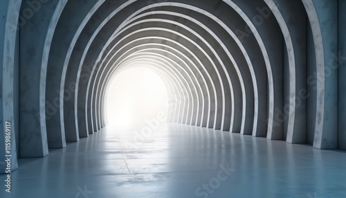 Fototapeta Naklejka Na Ścianę i Meble -  Abstract tunnel with bright light at end. Modern architecture concept. Empty space. Perspective. Suggests journey, success, hope, new beginning. Possible metaphorical representation of future