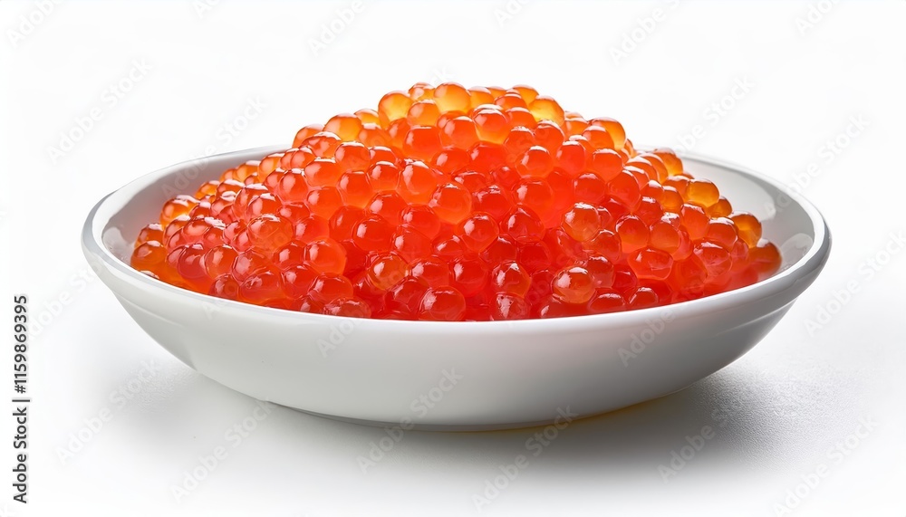 White bowl filled with salmon roe or red caviar White bowl filled with salmon roe or red caviar