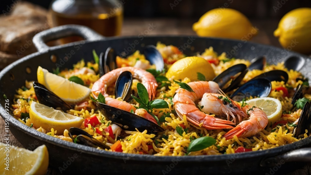 A vibrant seafood paella with shrimp, mussels, and lemon, garnished with herbs. A vibrant seafood paella with shrimp, mussels, and lemon, garnished with herbs.